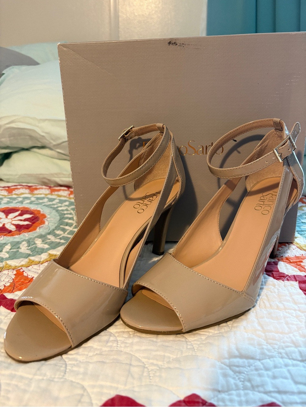 Franco Sarto Nude Patent Leather Peep-Toe Ankle-Strap Heels Size 9